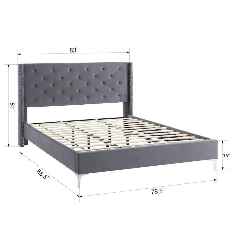 Cadre de lit plateforme Morden Fort King Size en velours rembourré avec pieds en métal de 15 cm