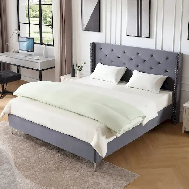 Cadre de lit plateforme Morden Fort King Size en velours rembourré avec pieds en métal de 15 cm