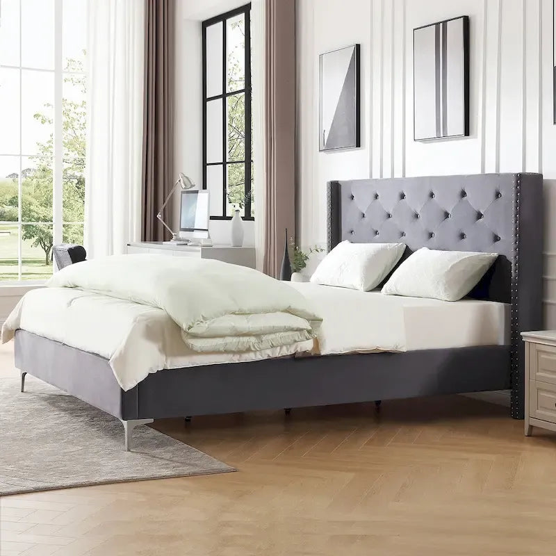 Cadre de lit plateforme Morden Fort King Size en velours rembourré avec pieds en métal de 15 cm