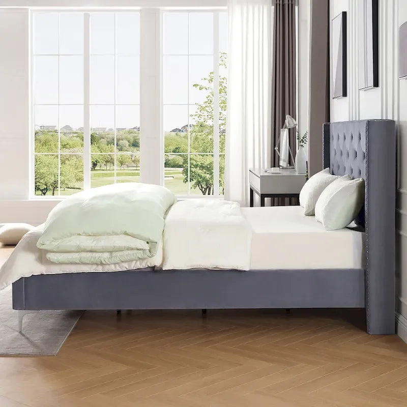 Cadre de lit plateforme Morden Fort King Size en velours rembourré avec pieds en métal de 15 cm