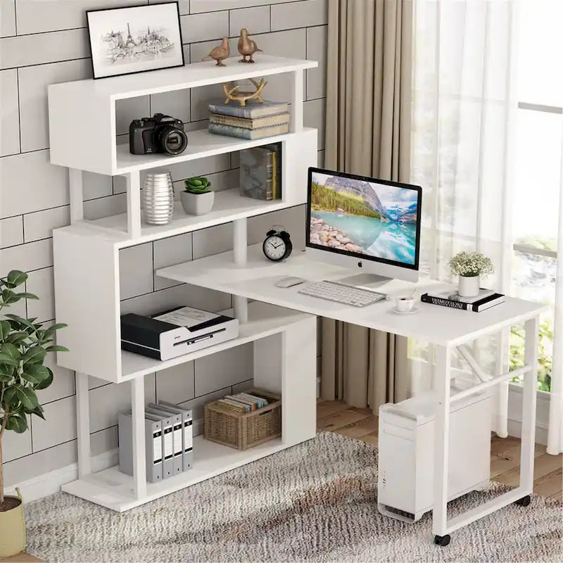 Bureau d'ordinateur rotatif en L avec étagère