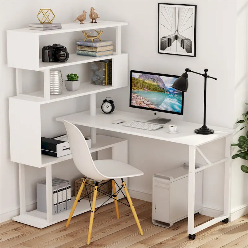 Bureau d'ordinateur rotatif en L avec étagère