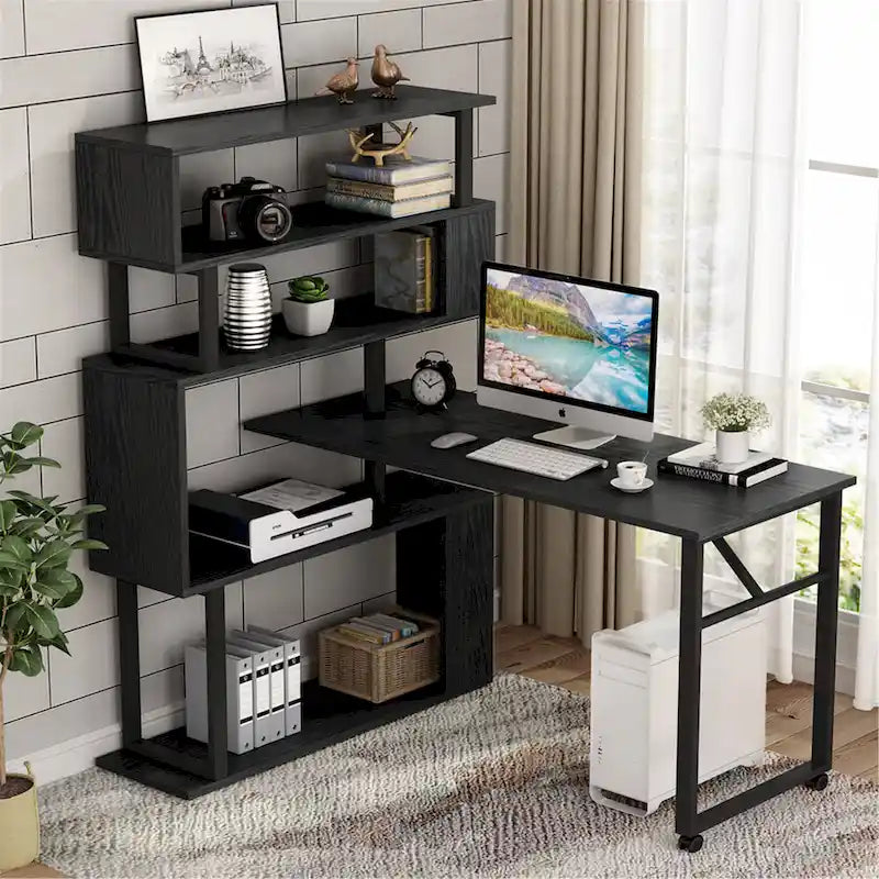 Bureau d'ordinateur rotatif en L avec étagère