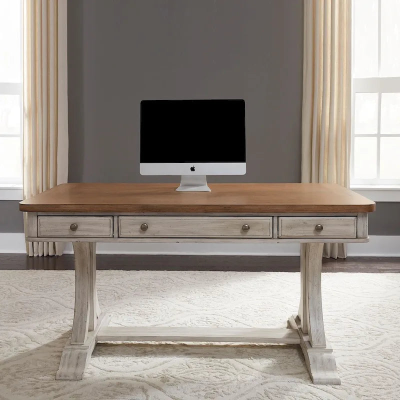 Bureau écritoire en bois antique revisité blanc cassé et châtaignier