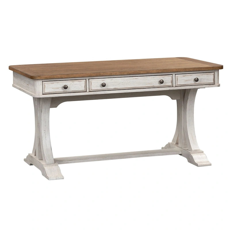 Bureau écritoire en bois antique revisité blanc cassé et châtaignier