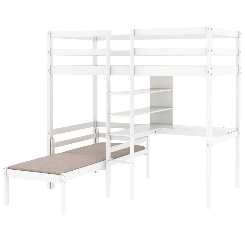 Lit mezzanine convertible avec bureau en L, Lit superposé jumeau avec étagères et échelle, Blanc