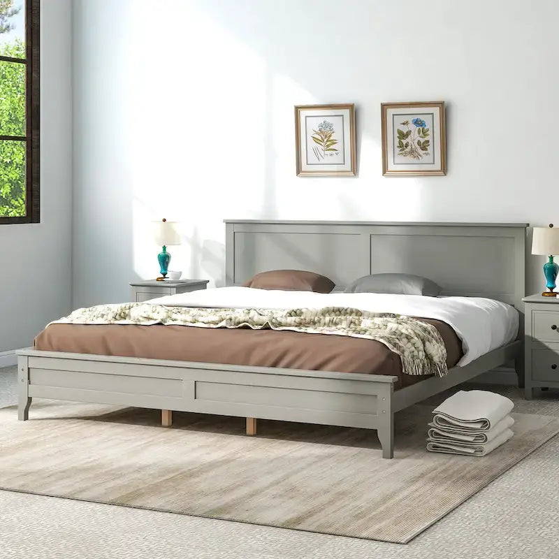 Lit plateforme king en bois massif gris moderne
