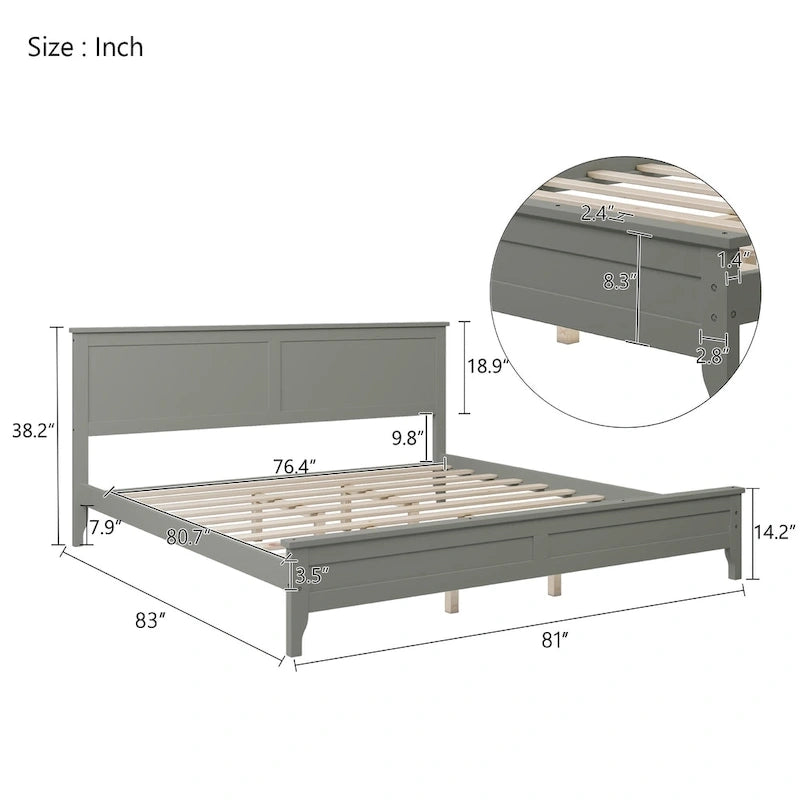 Lit plateforme king en bois massif gris moderne