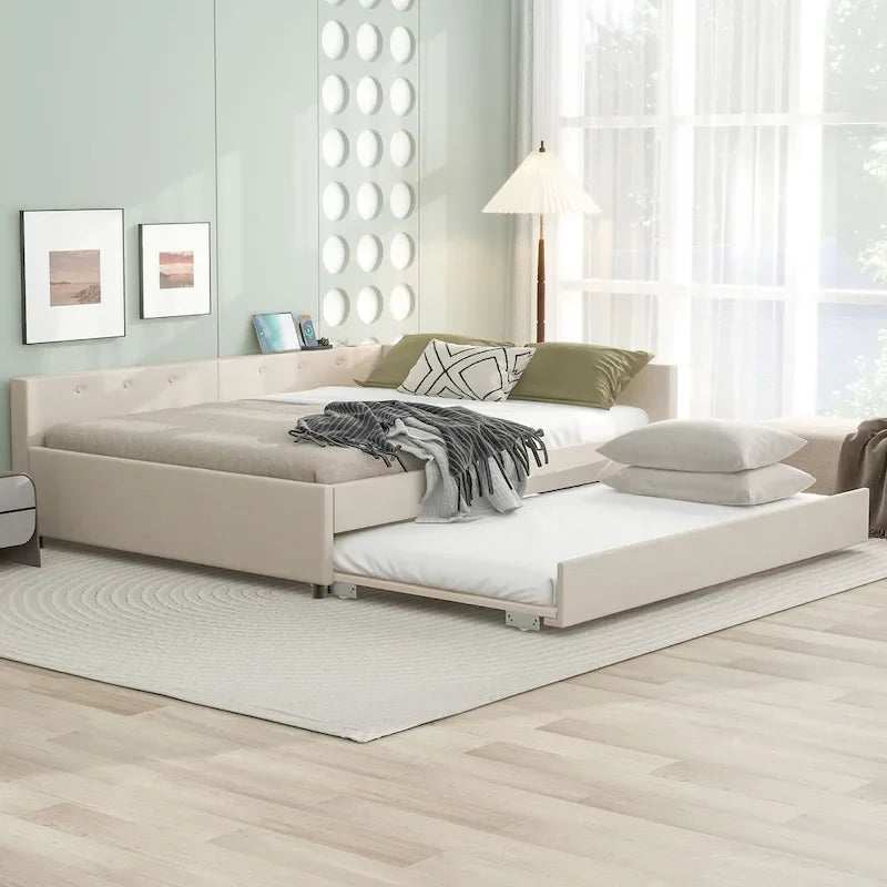 Lit plateforme rembourré Queen Size avec USB et lit gigogne double, Beige