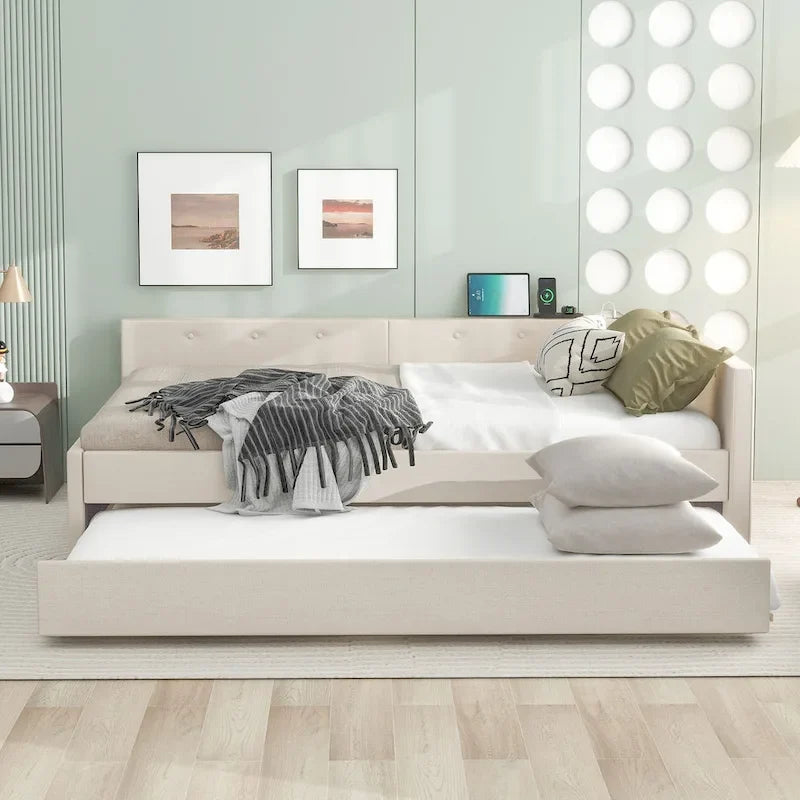 Lit plateforme rembourré Queen Size avec USB et lit gigogne double, Beige