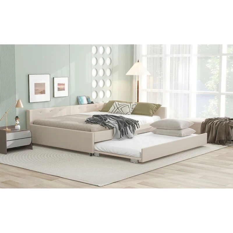 Lit plateforme rembourré Queen Size avec USB et lit gigogne double, Beige