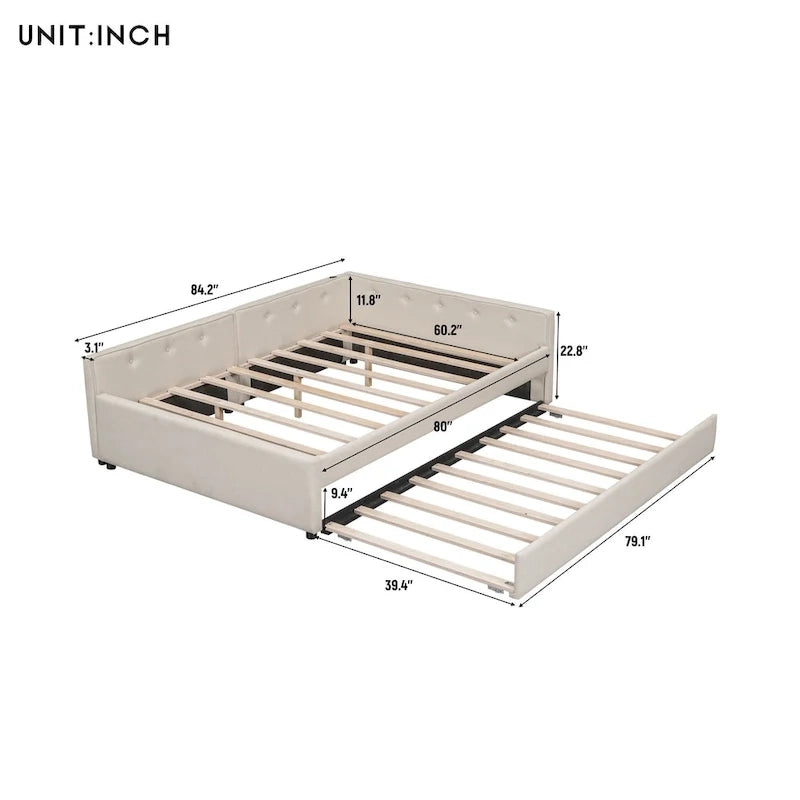 Lit plateforme rembourré Queen Size avec USB et lit gigogne double, Beige