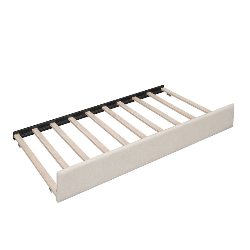 Lit plateforme rembourré Queen Size avec USB et lit gigogne double, Beige
