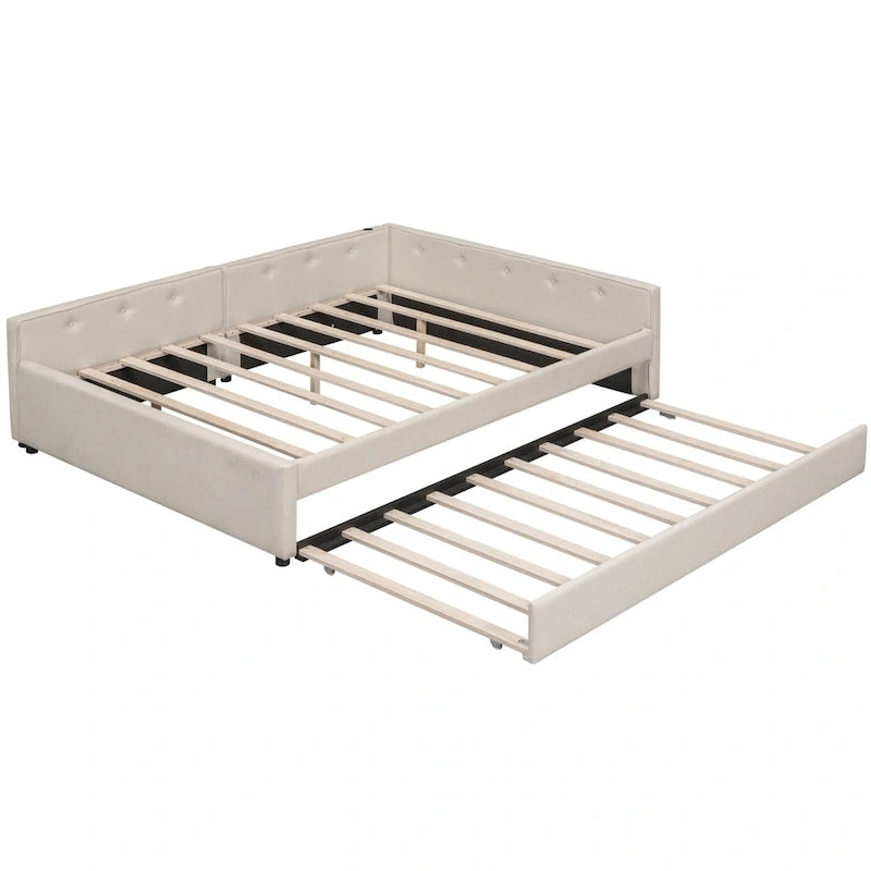Lit plateforme rembourré Queen Size avec USB et lit gigogne double, Beige