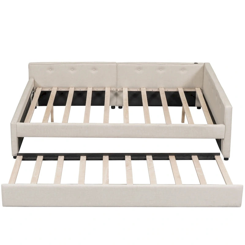 Lit plateforme rembourré Queen Size avec USB et lit gigogne double, Beige