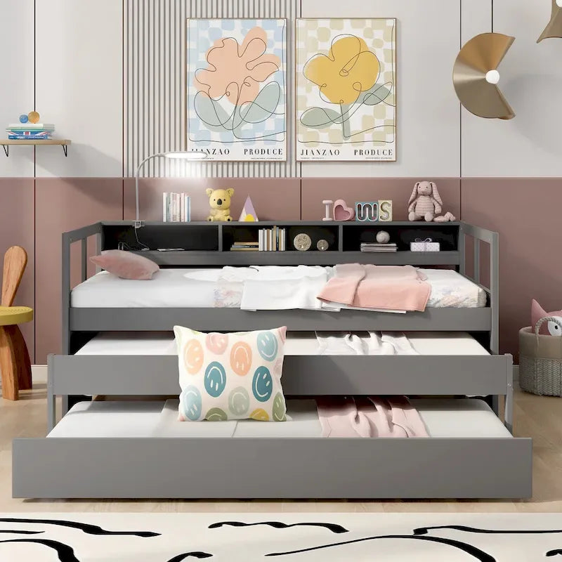 Lit de repos en bois Twin XL avec 2 lits gigognes, 3 compartiments de rangement, 1 lampe gratuite et design de chargement USB, Gris