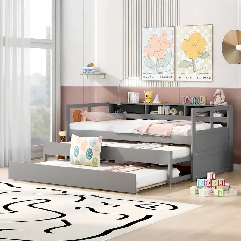 Lit de repos en bois Twin XL avec 2 lits gigognes, 3 compartiments de rangement, 1 lampe gratuite et design de chargement USB, Gris