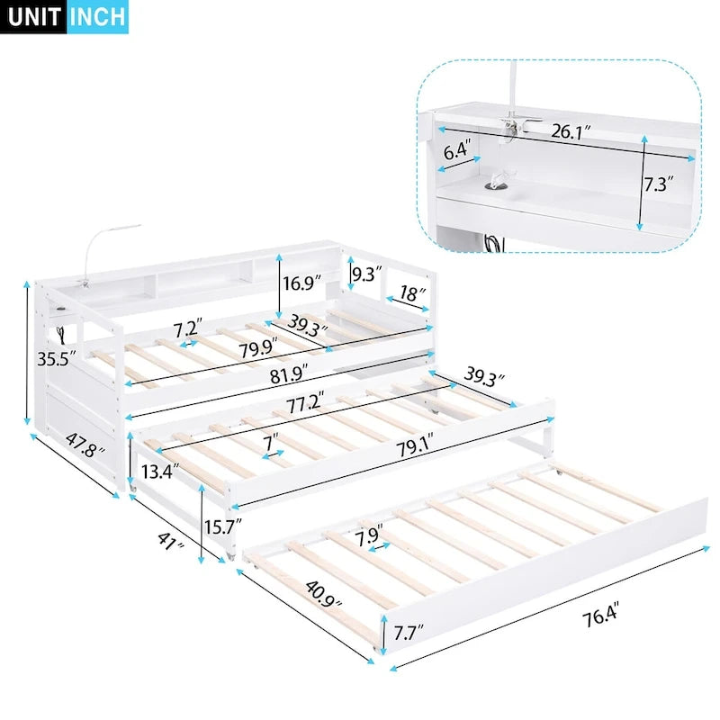Lit de repos en bois Twin XL avec 2 lits gigognes, 3 compartiments de rangement, 1 lampe gratuite et design de chargement USB, Gris