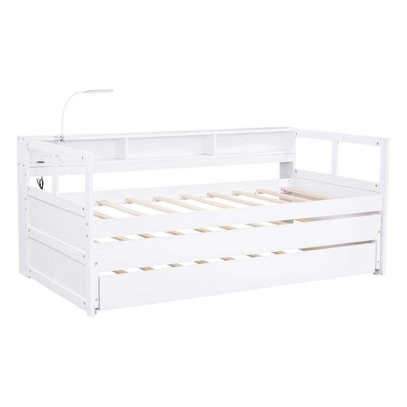 Lit de repos en bois Twin XL avec 2 lits gigognes, 3 compartiments de rangement, 1 lampe gratuite et design de chargement USB, Gris