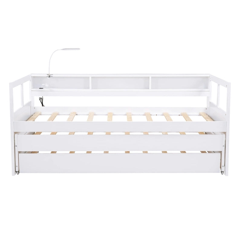 Lit de repos en bois Twin XL avec 2 lits gigognes, 3 compartiments de rangement, 1 lampe gratuite et design de chargement USB, Gris