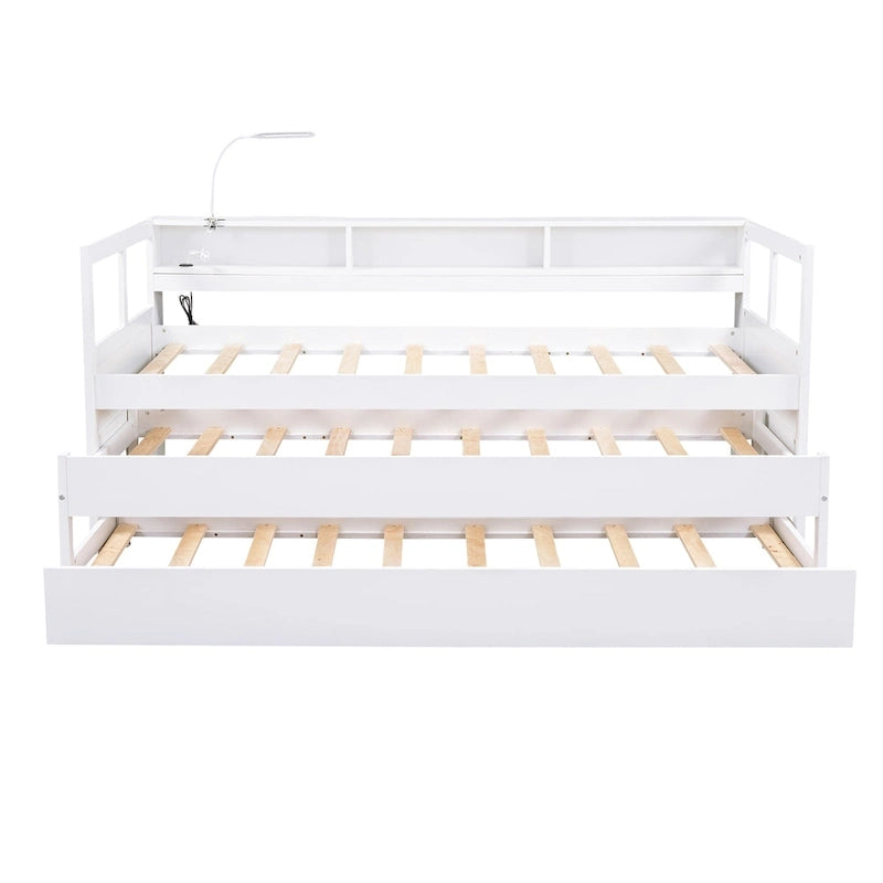 Lit de repos en bois Twin XL avec 2 lits gigognes, 3 compartiments de rangement, 1 lampe gratuite et design de chargement USB, Gris