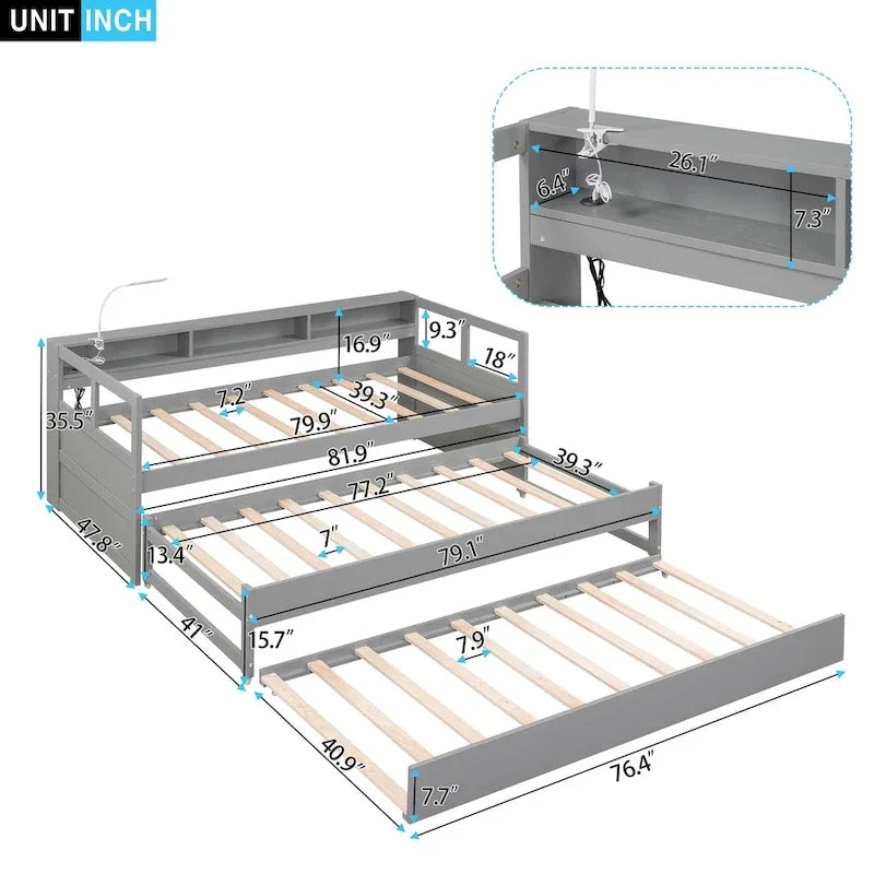 Lit de repos en bois Twin XL avec 2 lits gigognes, 3 compartiments de rangement, 1 lampe gratuite et design de chargement USB, Gris