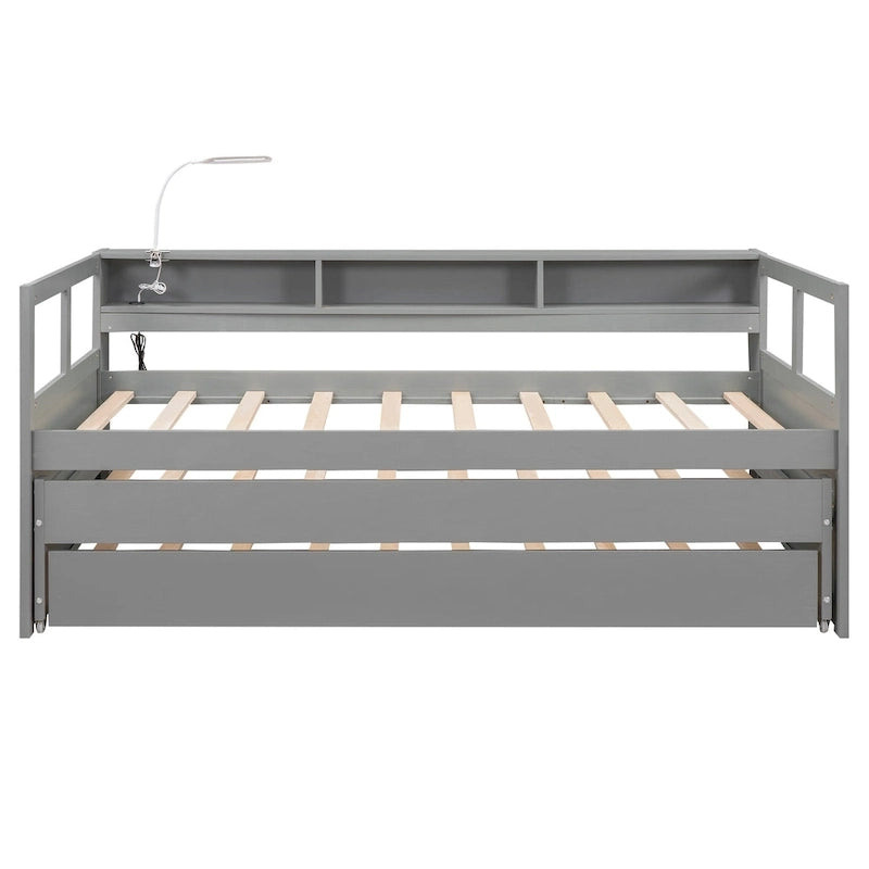 Lit de repos en bois Twin XL avec 2 lits gigognes, 3 compartiments de rangement, 1 lampe gratuite et design de chargement USB, Gris