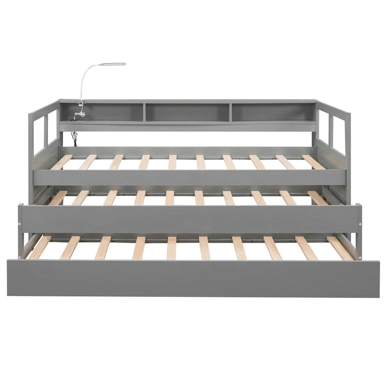 Lit de repos en bois Twin XL avec 2 lits gigognes, 3 compartiments de rangement, 1 lampe gratuite et design de chargement USB, Gris