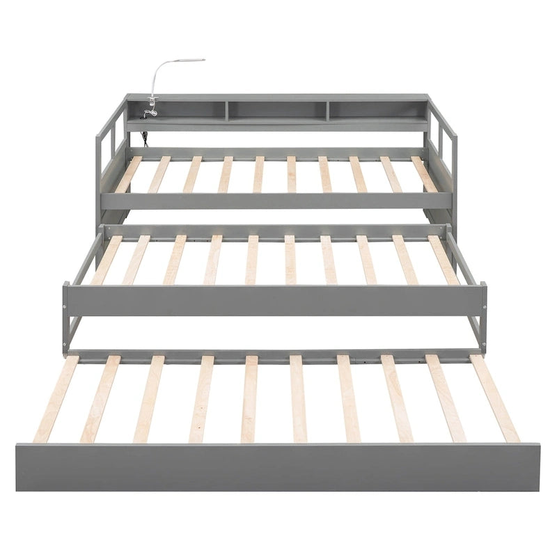 Lit de repos en bois Twin XL avec 2 lits gigognes, 3 compartiments de rangement, 1 lampe gratuite et design de chargement USB, Gris