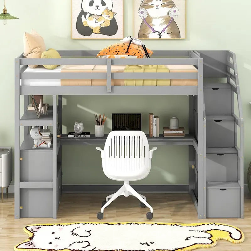 Lit mezzanine simple avec bureau et étagères, deux tiroirs intégrés