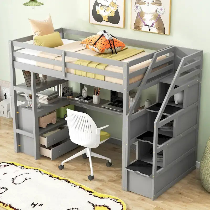 Lit mezzanine simple avec bureau et étagères, deux tiroirs intégrés