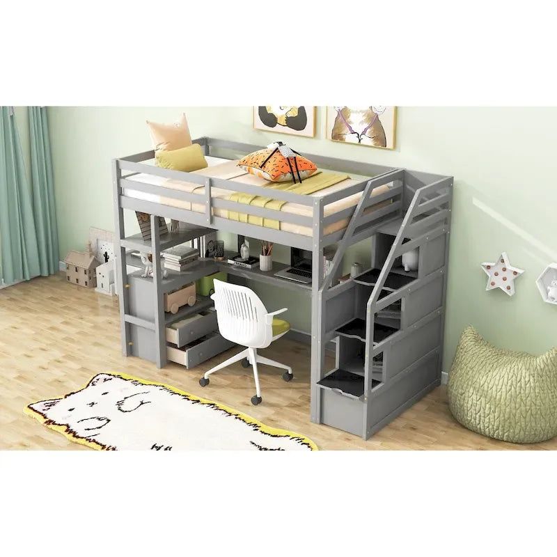 Lit mezzanine simple avec bureau et étagères, deux tiroirs intégrés