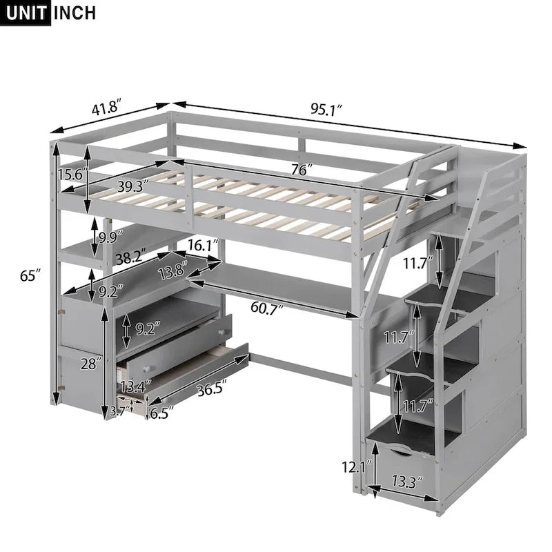 Lit mezzanine simple avec bureau et étagères, deux tiroirs intégrés