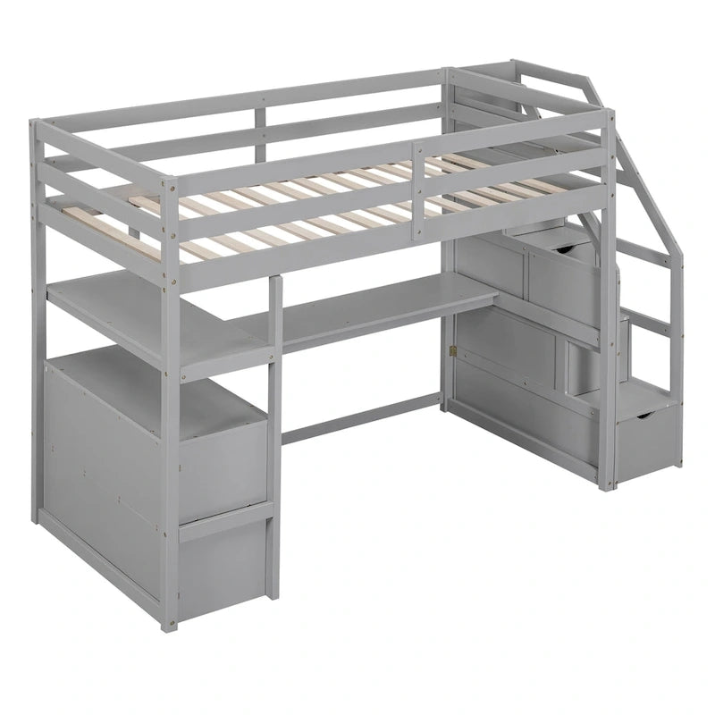 Lit mezzanine simple avec bureau et étagères, deux tiroirs intégrés
