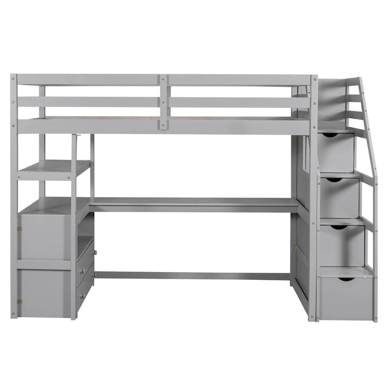 Lit mezzanine simple avec bureau et étagères, deux tiroirs intégrés