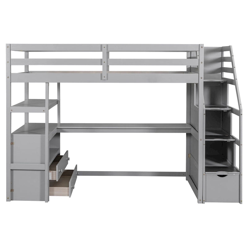 Lit mezzanine simple avec bureau et étagères, deux tiroirs intégrés