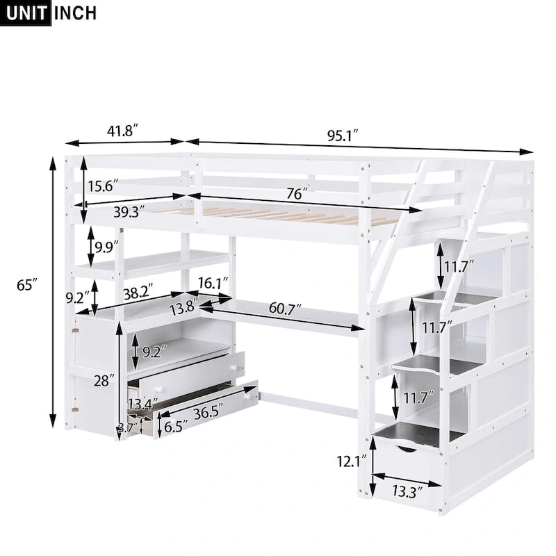 Lit mezzanine simple avec bureau et étagères, deux tiroirs intégrés