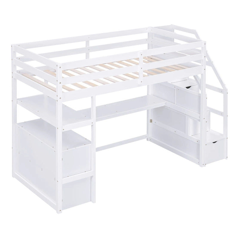 Lit mezzanine simple avec bureau et étagères, deux tiroirs intégrés