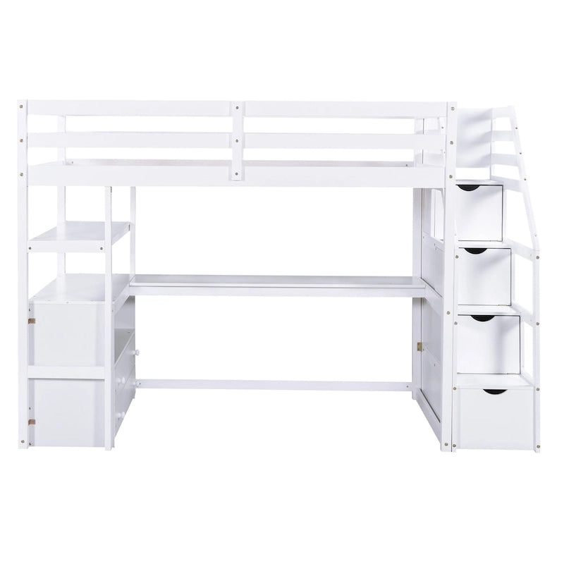 Lit mezzanine simple avec bureau et étagères, deux tiroirs intégrés