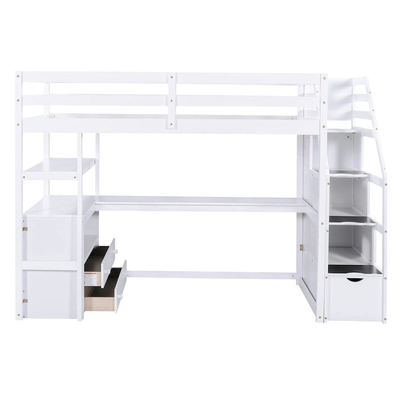 Lit mezzanine simple avec bureau et étagères, deux tiroirs intégrés