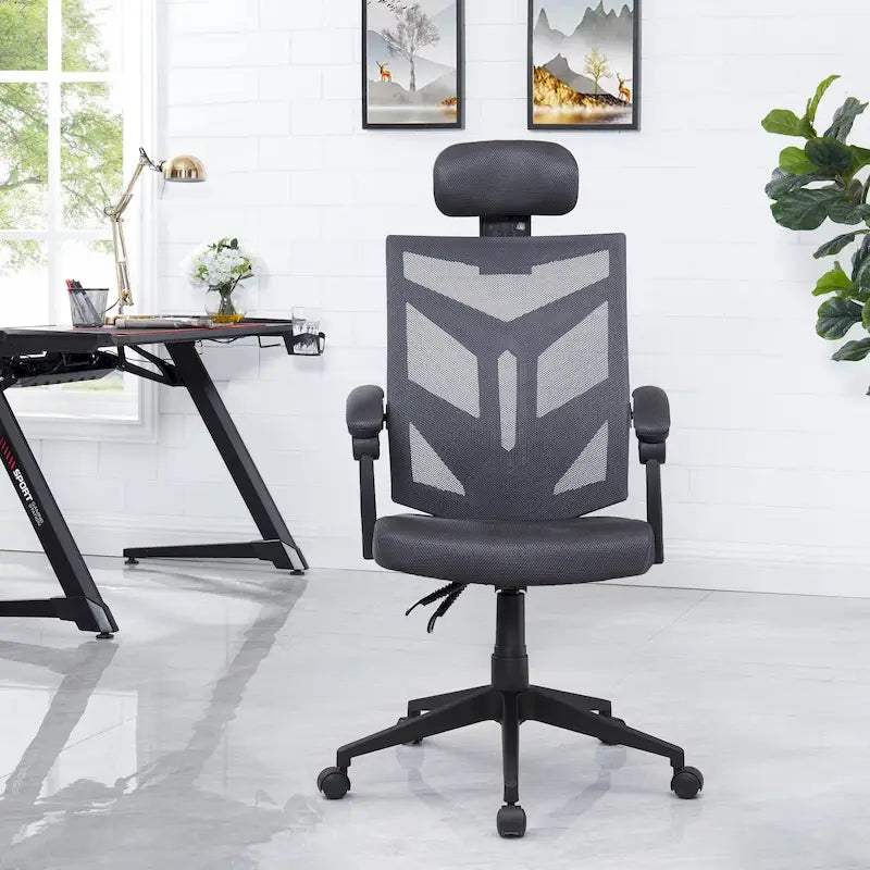 Chaise de bureau ergonomique réglable avec appui-tête Fauteuil de bureau ergonomique en maille à dossier haut avec support lombaire et roulettes