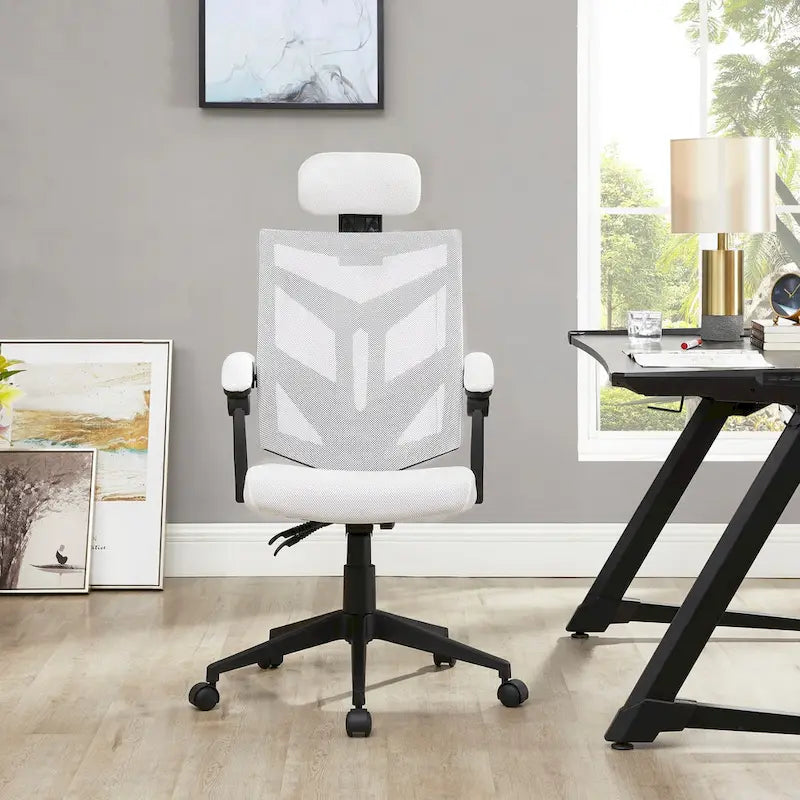 Chaise de bureau ergonomique réglable avec appui-tête Fauteuil de bureau ergonomique en maille à dossier haut avec support lombaire et roulettes