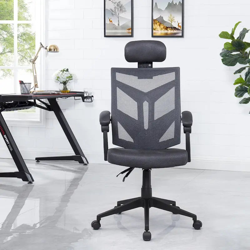 Chaise de bureau ergonomique réglable avec appui-tête Fauteuil de bureau ergonomique en maille à dossier haut avec support lombaire et roulettes