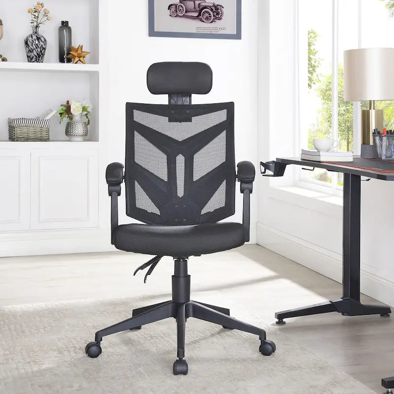 Chaise de bureau ergonomique réglable avec appui-tête Fauteuil de bureau ergonomique en maille à dossier haut avec support lombaire et roulettes