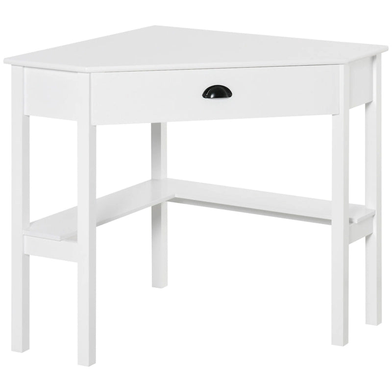 Bureau d'angle HOMCOM, bureau d'ordinateur triangulaire avec tiroir et étagères de rangement pour petit espace