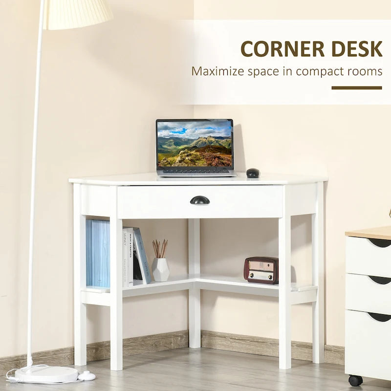 Bureau d'angle HOMCOM, bureau d'ordinateur triangulaire avec tiroir et étagères de rangement pour petit espace