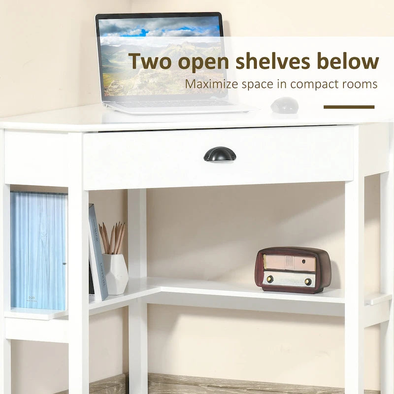Bureau d'angle HOMCOM, bureau d'ordinateur triangulaire avec tiroir et étagères de rangement pour petit espace