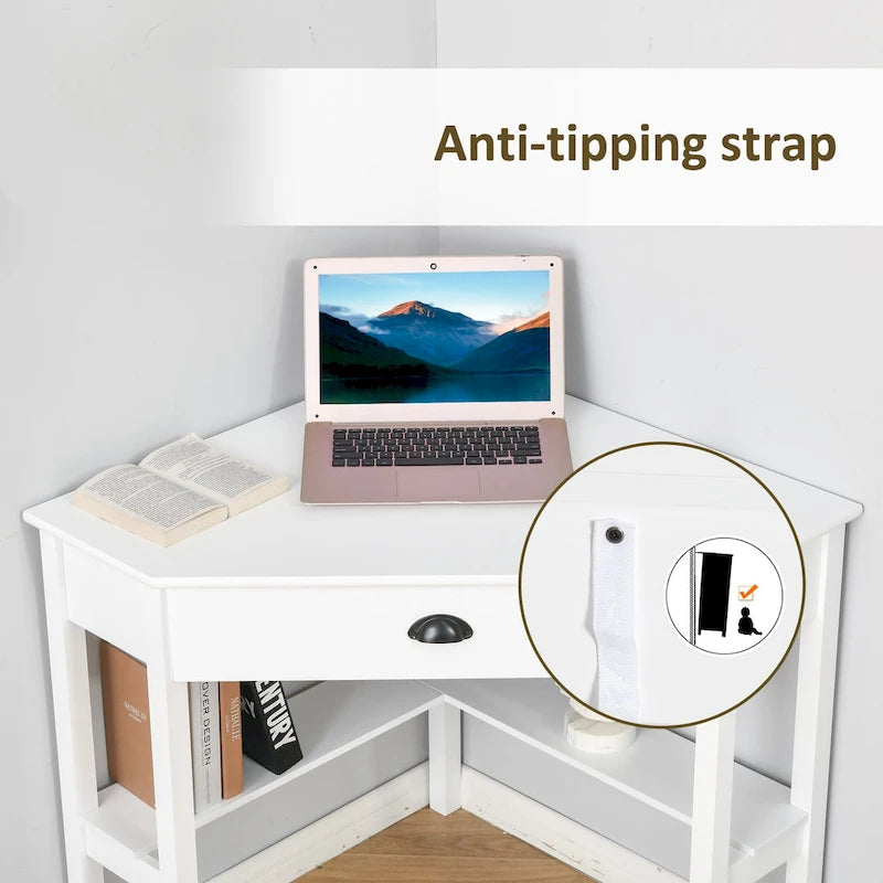 Bureau d'angle HOMCOM, bureau d'ordinateur triangulaire avec tiroir et étagères de rangement pour petit espace