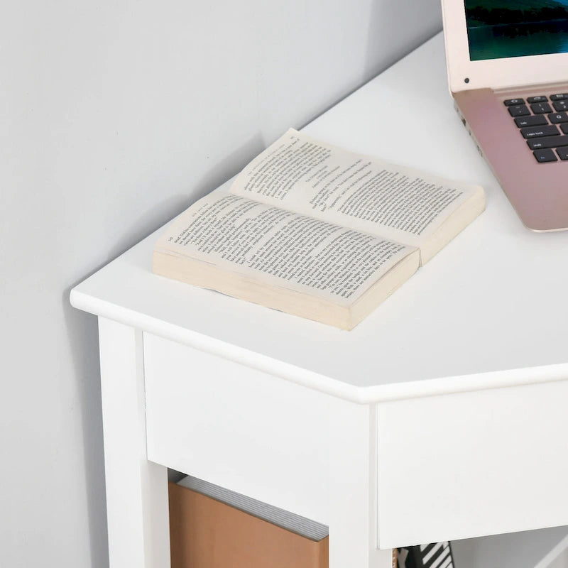 Bureau d'angle HOMCOM, bureau d'ordinateur triangulaire avec tiroir et étagères de rangement pour petit espace