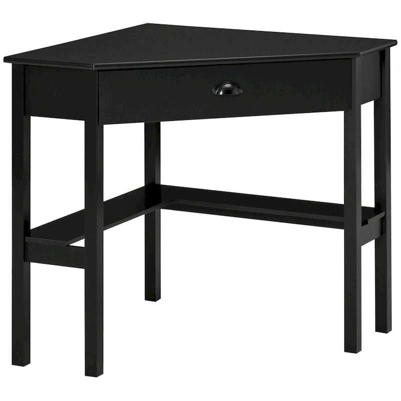 Bureau d'angle HOMCOM, bureau d'ordinateur triangulaire avec tiroir et étagères de rangement pour petit espace
